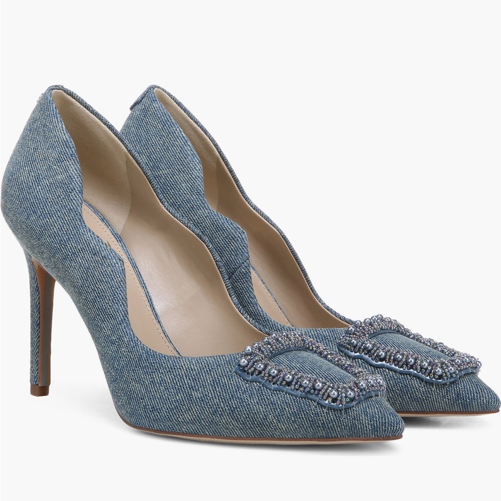 Sam Edelman Denim Pointed-Toe Beaded Stiletto Heels - Blue